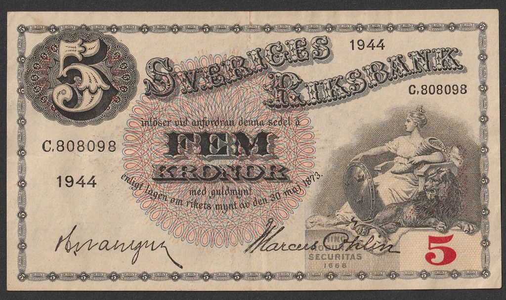 Szwecja - 5 koron - 1944 rok