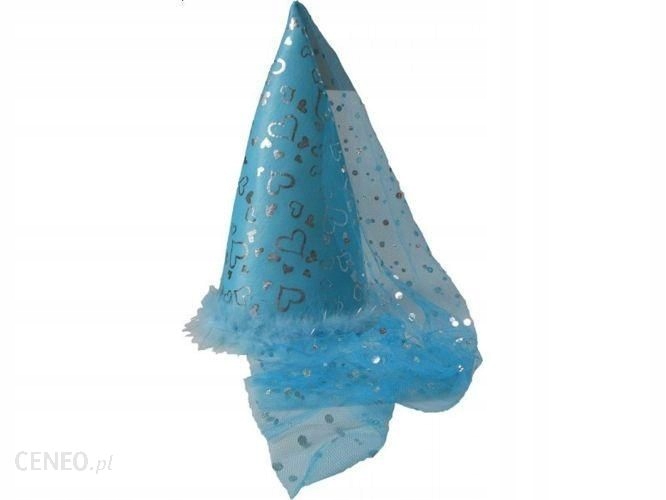 Czapka wróżki 38 cm stożek niebieska z puszkiem