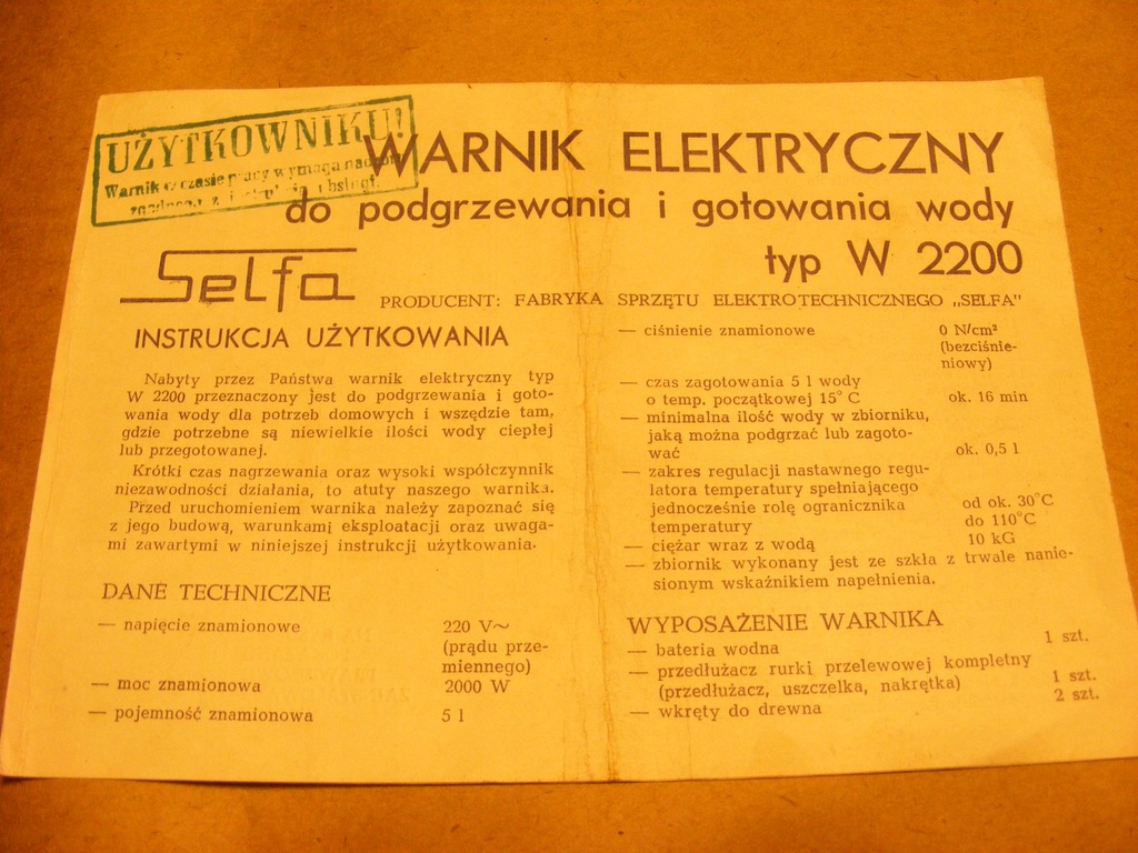 Warnik elektryczny Typ W 2200 FSE SELFA instrukcja
