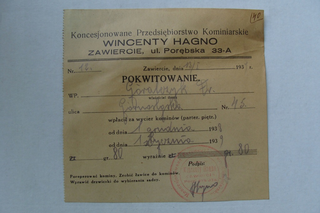 ZAWIERCIE RACHUNEK KOMINIARSKI KOMINIARZ 1938