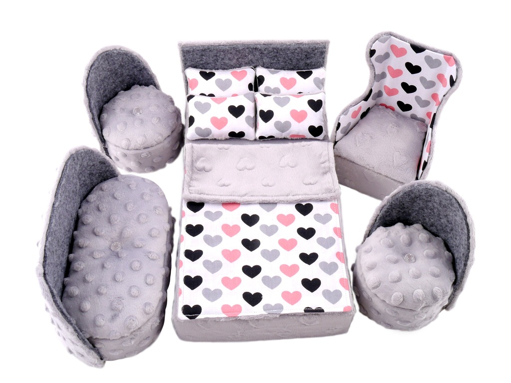 ZESTAW MEBLI DLA LALEK BARBIE SOFA ŁÓŻKO 3 FOTELE