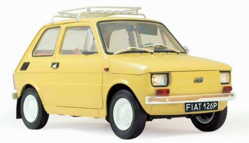 Fiat 126p Maluch METALOWY 1:8 + przyczepa + GRATIS