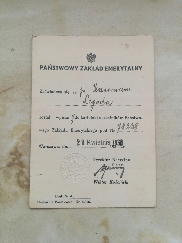 Państwowy Zakład Emerytalny zaświadczenie 1938 r