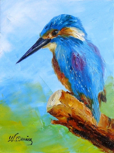 U.Lemańska ZIMORODEK obraz olejny 18x24 ptaki