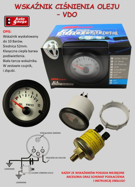 WSKAŹNIK CIŚNIENIA OLEJU AUTO GAUGE VDO LOOK BIAŁY