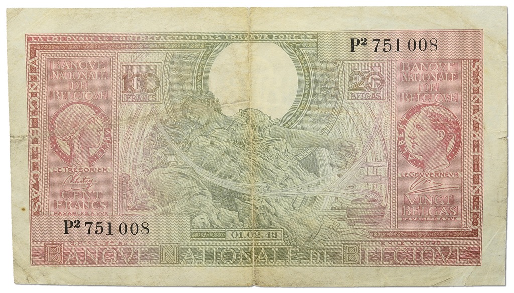 20.Belgia, 100 Franków 1943, P.123, St.3+