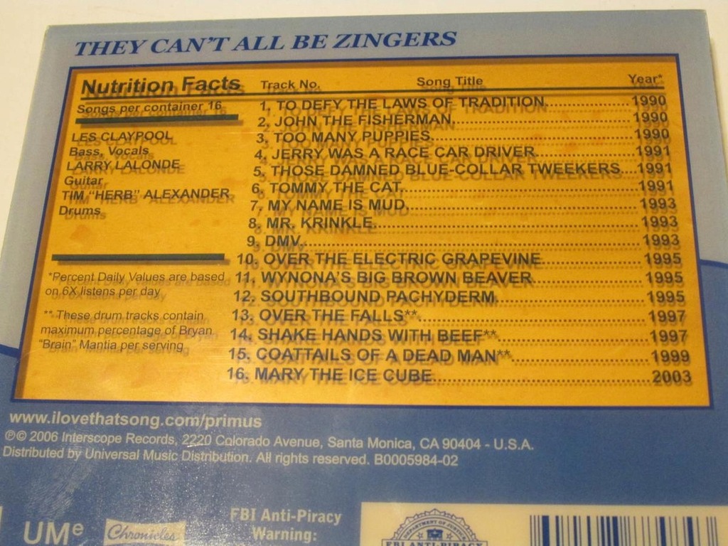 PRIMUS -THEY CAN'T ALL BE ZINGERS /SINGLES CD