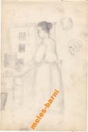 KUCHARKA RYSUNEK ZE SZKICOWNIKA KAFLOWA KUCHNIA ok. 1900