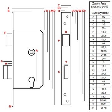 JANIA Замок врезной для ворот 2 ключа 90/63 GATE RIGHT KEY Z110