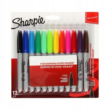 Перманентные маркеры Sharpie Fine, 12 цветов, кончик 1,00 мм