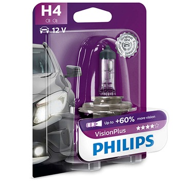 ЛАМПОЧКИ PHILIPS H4 VISIONPLUS +60% 12 В 60/55 Вт 2 ШТ.