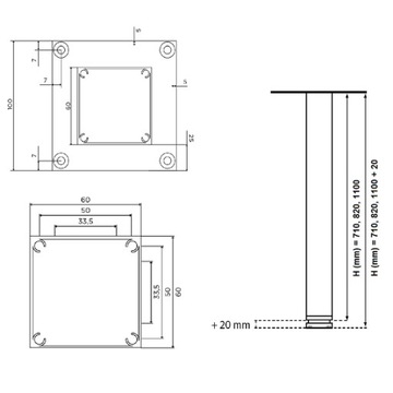 ALU NOGA DO STOŁU BLATU H 710 MM REGULOWANA CZARNA