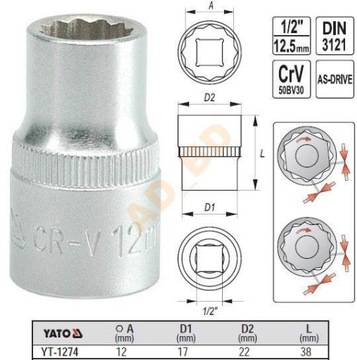 Головка шестигранная короткая 12мм 1/2 YATO YT-1274
