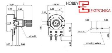 Поворотный потенциометр 1 МОм B линейный l=15 мм