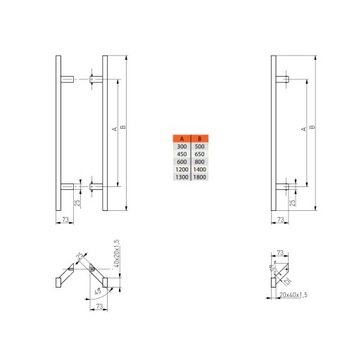 ручка-поручень ручка дверная ручка INOX PR 20X40 ANGLE в сборе 1000 X 1200