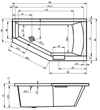 ВАННА RIHO GETA 160X90 BA86 ПРАВА + ОПОРА + НОЖКИ + СИФОН