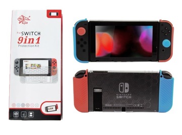 Zestaw etui 9w1 protektor z TPU Neon Red+Blue +6 szt. nakładek NS Switch