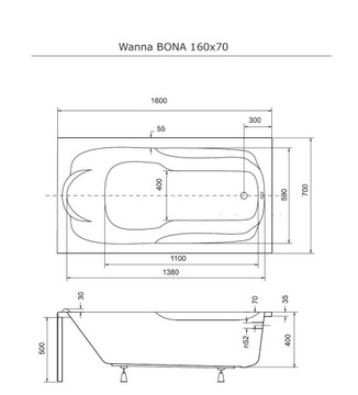 АКРИЛОВАЯ ВАННА 160Х70 + КОРПУС + СИФОН + НОЖКИ