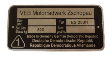 TABLICZKA ZNAMIONOWA MZ ES 250 MZ ES 250/1 T018