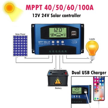 Контроллер заряда, 40 А, солнечная батарея, 12/24 В, ЖК-дисплей, USB, ШИМ