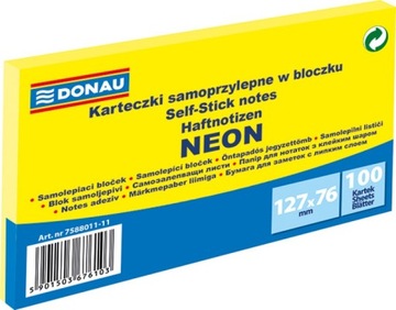 NOTES, KARTECZKI SAMOPRZYLEPNE, BLOCZEK 127X76MM, 100 KARTEK, ŻÓŁTE