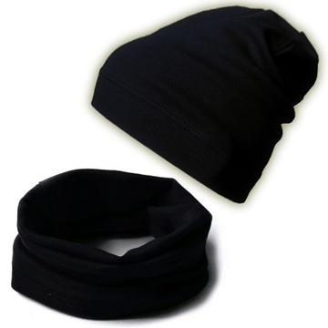 Czarny Komplet bawełniany CZAPKA + KOMIN beanie tuba jesień wiosna r. 56-60