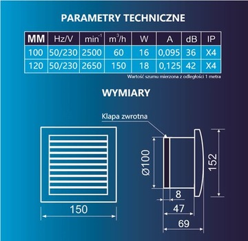 Вентилятор для ванной комнаты MM120 ЧЕРНЫЙ с обратной заслонкой