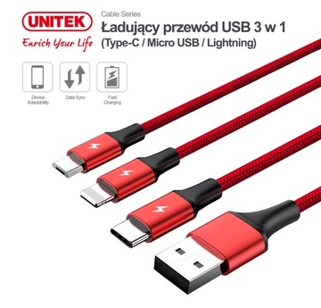 C4049RD UNITEK 3-в-1 USBC microUSB-кабель Lightning