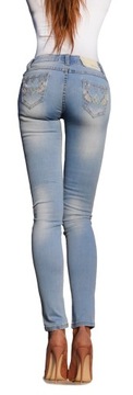 #587 Błękitne Spodnie Jeans Rurki Cyrkonie S /27