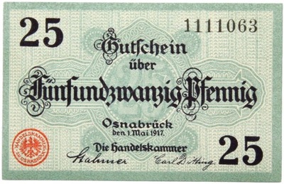 Osnabruck - BANKNOT - 25 Pfennig 1917 - Stan UNC !