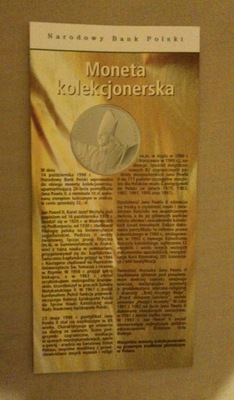 Folder do monet JAN PAWEŁ II - 20 lat Pontyfikatu