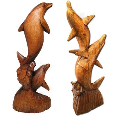 Figurka Rzeźba DELFINY Drewno Suar Rękodzieło 30cm