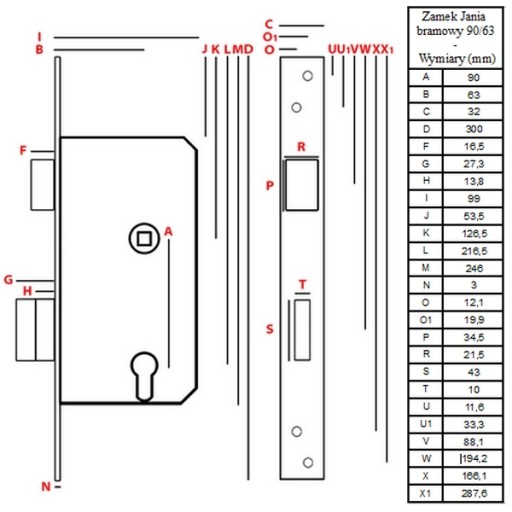 JANIA Замок врезной для ворот 2 ключа 90/63 GATE RIGHT KEY Z110