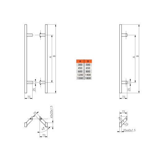 ручка-поручень ручка дверная ручка INOX PR 20X40 ANGLE в сборе 1000 X 1200