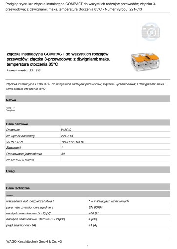 szybkozłączka elektryczna 3x2,5 6mm WAGO 221-613