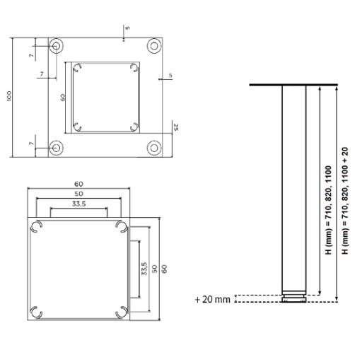 ALU NOGA DO STOŁU BLATU H 820 MM REGULOWANA INOX