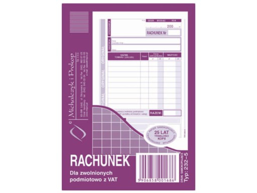 Rachunek A6 dla zwoln podmiotowo z VAT 232-5 MIP