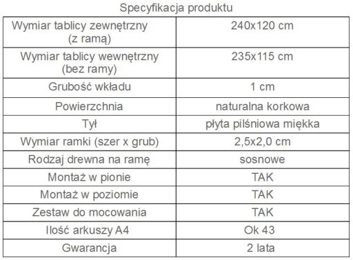 Tablica korkowa 240x120 cm.120x240, super jakość !