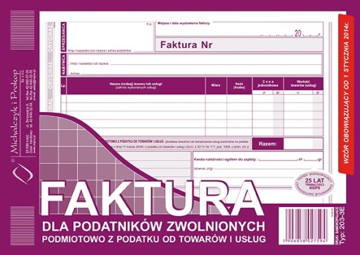 Faktura dla podatników zwolnionych z vat A5 03 80k