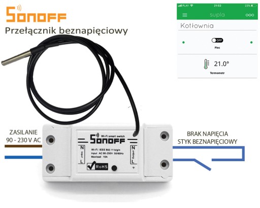 Sonoff WiFi Beznapięciowy, Piec, DS18B20, termostat, podłogówka