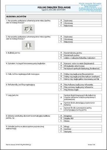 Testy na patent Żeglarza Jachtowego zgodne z PZŻ