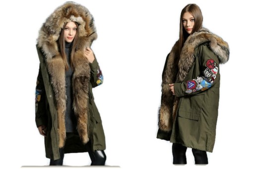 Parka Army Naszywki Futro natur. Jenot Puch 36 S