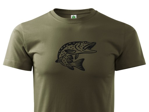 T-SHIRT WĘDKARSKI KOSZULKA KHAKI NA RYBY SZCZUPAK